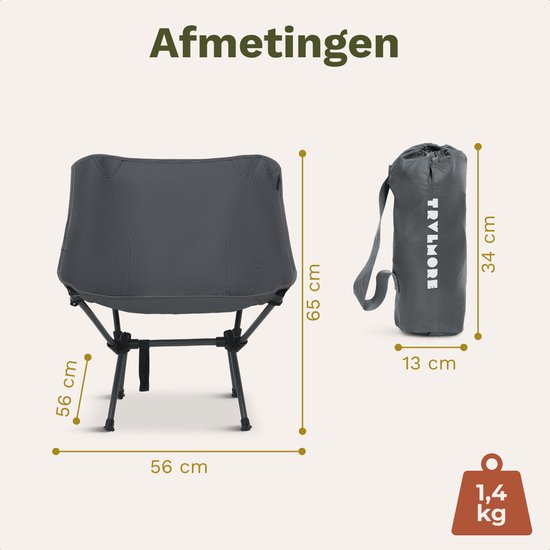 TRVLMORE Campingstoel - Opvouwbaar - 100KG Draagvermogen - Incl. Draagtas - Klapstoel - Visstoel - Kampeerstoel - Vouwstoel - Grijs — afbeelding 5