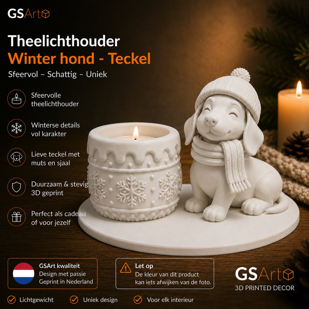 GSArt Theelichthouder Winter Hond Teckel – Winterdecoratie met LED-licht - Mat Wit