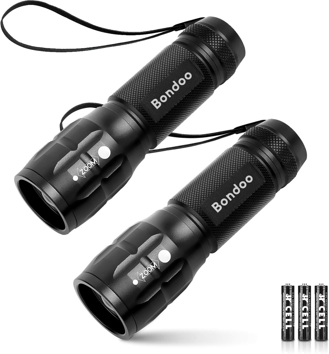 Bondoo Zaklamp op batterijen 2 stuks – Zaklamp – Militaire zaklamp - Zaklamp noodpakket – Noodzaklamp bij stroomuitval - Noodverlichting stroomuitval – Zaklamp kind – Zaklampen – Waterdicht – Batterijen inbegrepen - Zwart