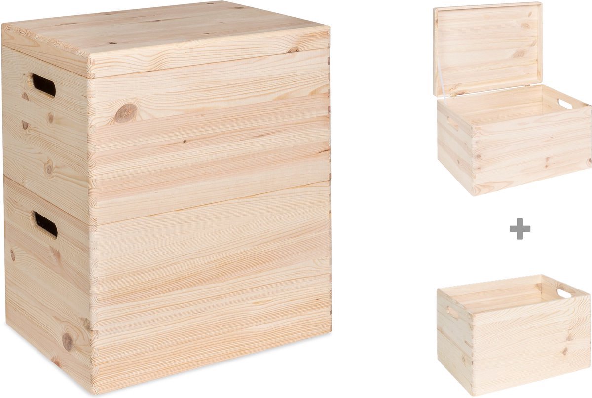 Haudt® Houten stapelkist set 46cm - 1 x KIM Maxi open en 1 x KIM Maxi met klepdeksel - stapelbare opbergoplossing - houten kisten - opbergkist - vurenhout