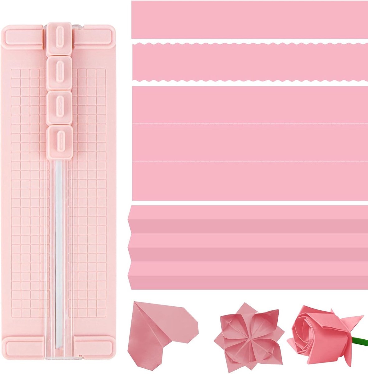 4-in-1 Papier Snijder met Veiligheidsbescherming en Liniaal, Draagbare Snijder voor Papier, Kaarten, Foto's en Labels in Roze
