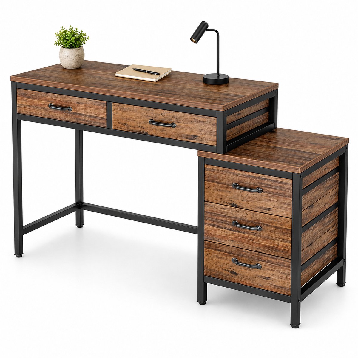 DMG Supply Bureau met 5 Lades - Links of Rechts Monteerbaar - 130 x 45 x 82 cm - Bruin en Zwart - Houtlook