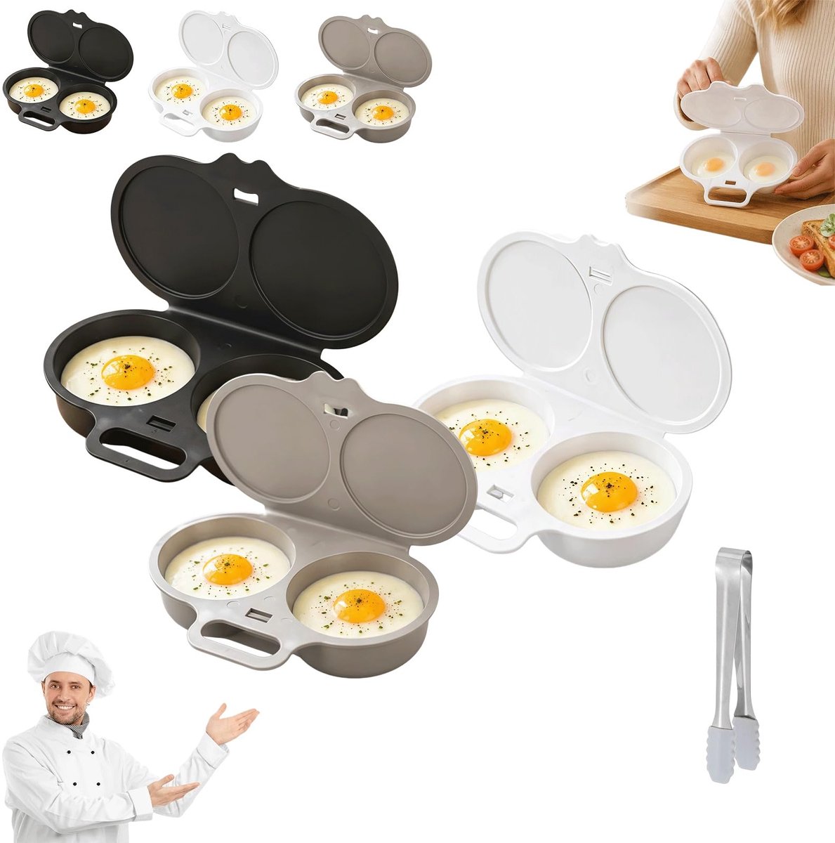 Namajunas - Eierkoker magnetron - Eierkoker 2 eieren - 3 stuks - Ei pocheerder met deksel en handvat - Keuken accessoire - Snel en olievrij koken - Keukenhulp - Voedselveilig PP & onmisbare keukenallrounder