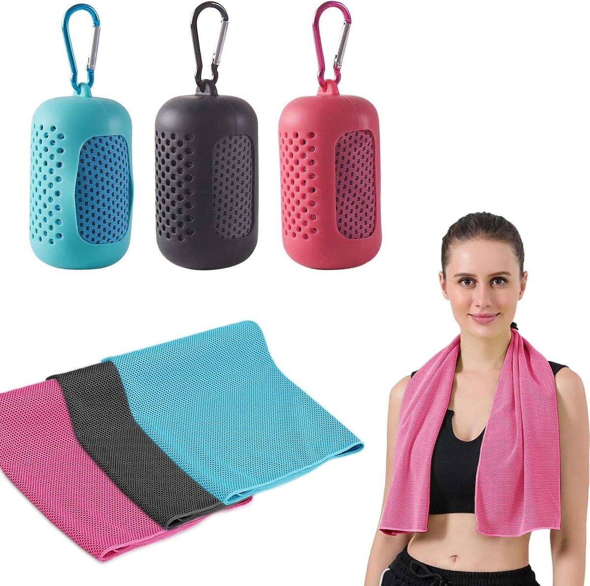 Koelende Handdoeken Set van 3 - Sneldrogende Microvezel Sporthanddoeken met Draagbare Silicone Covers voor Fitness en Buitenactiviteiten (30x90cm, 3 Kleuren)