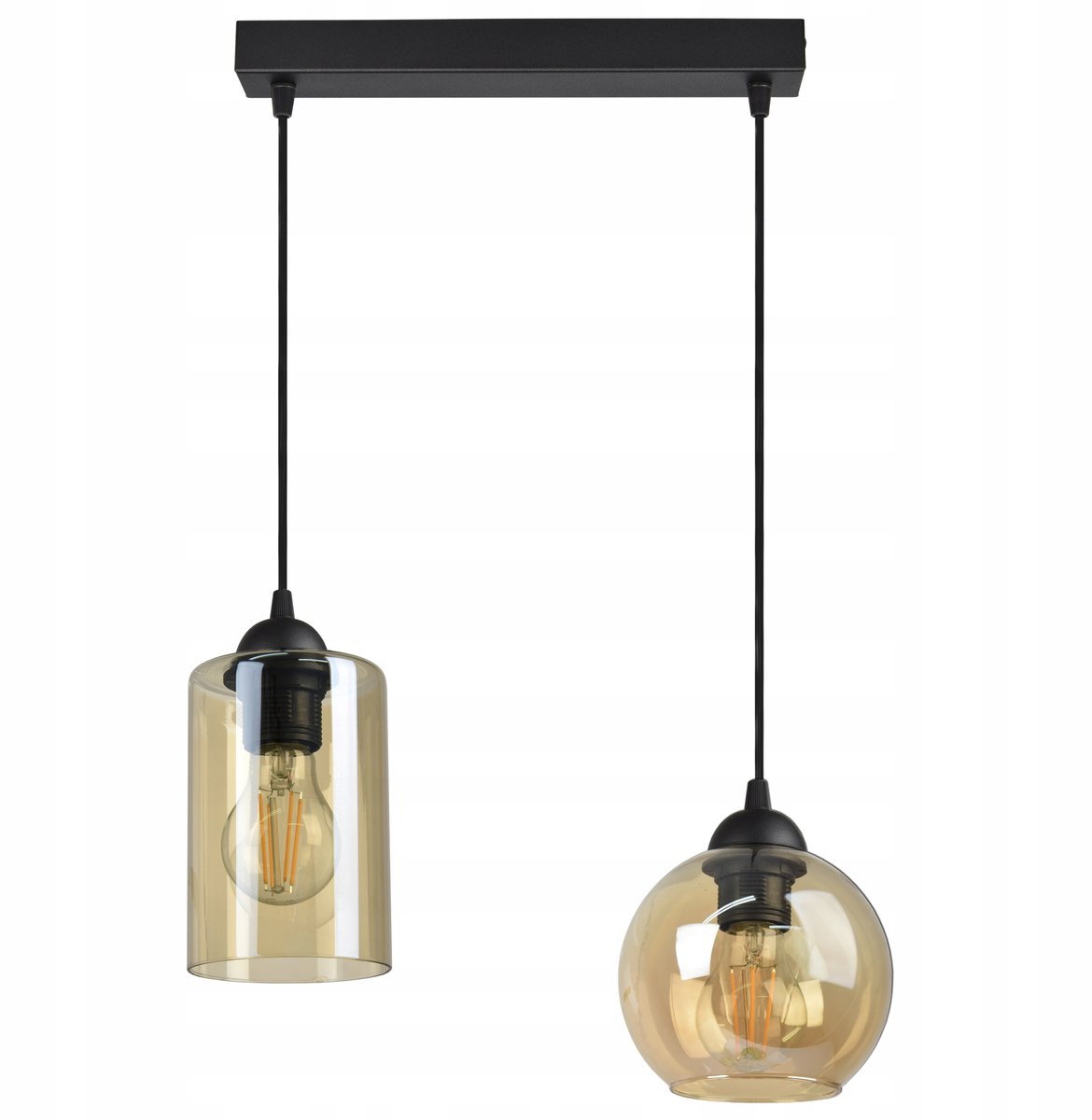 Luxe Hanglamp met 2 glazen kappen - Zwart Mat & Amber