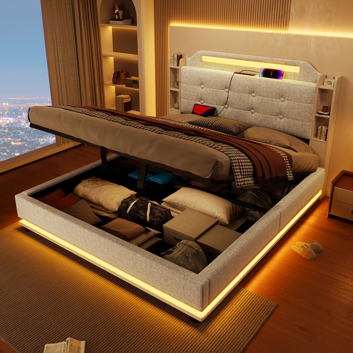 Gestoffeerd bed - met hydraulische opbergruimte, dubbele ring LED-verlichting en USB/Type-C snelladers - 140x200 cm tweepersoons - beige linnen - 3D blokdessin en zijopbergvakken