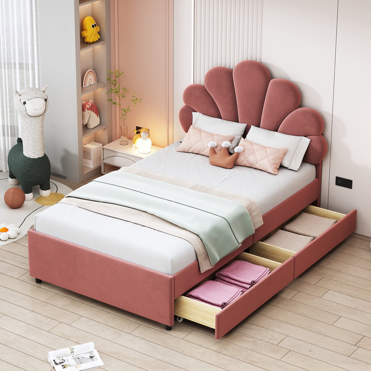 Kinderpolsterbed met bloemenhoofdbord en opberglades - 90x200 cm eenpersoonsbed - Roze - Zachte fluwelen bekleding - 2 handige schuifladen - Inclusief stevige lattenbodem - Ideaal voor meisjeskamer