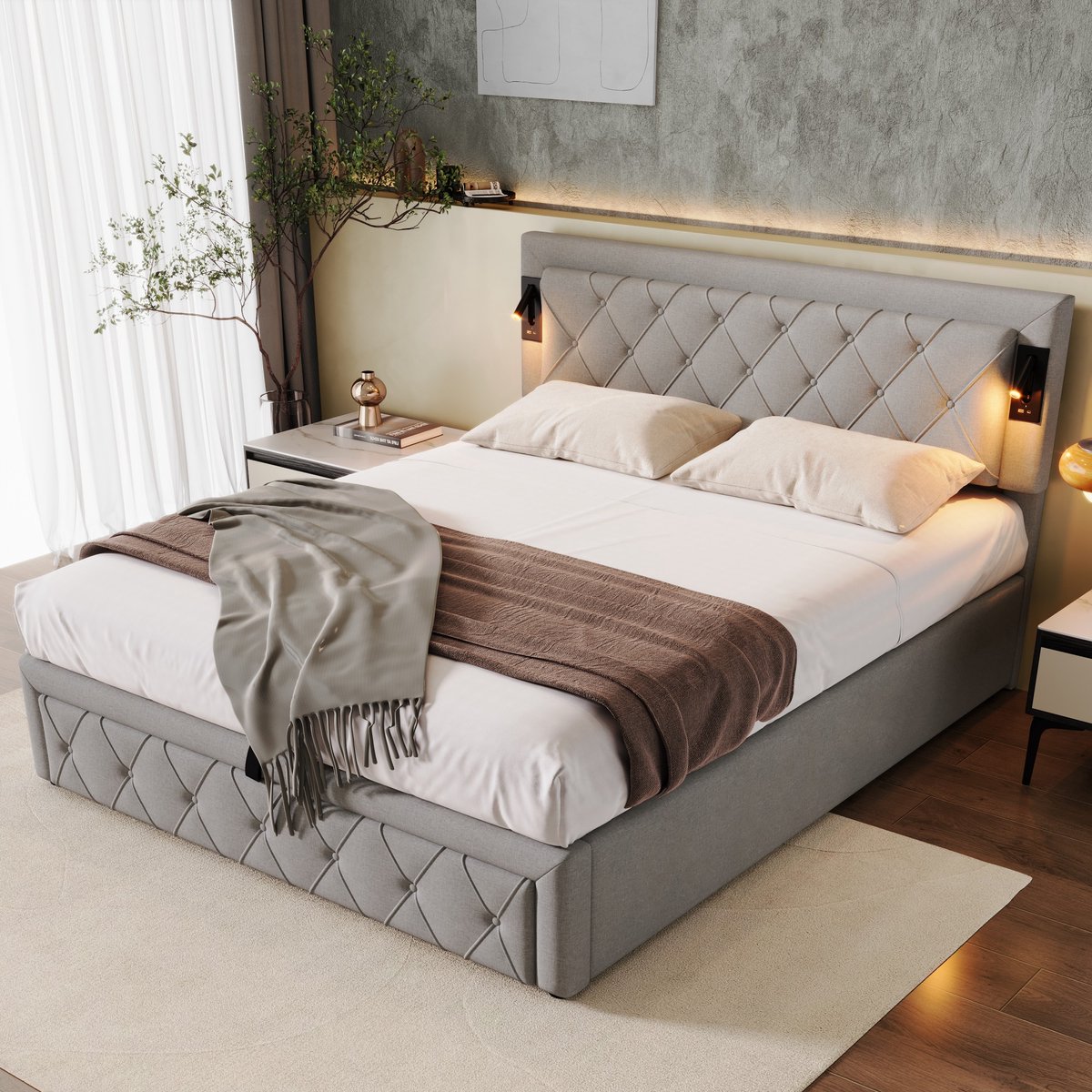 Gestoffeerd bed 160x200 cm - Met hydraulische opbergruimte en USB-oplaadfunctie - Grijs - Inclusief leeslampje en ruitvormig hoofdeinde - Stevige houten lattenbodem - Ademende linnen bekleding