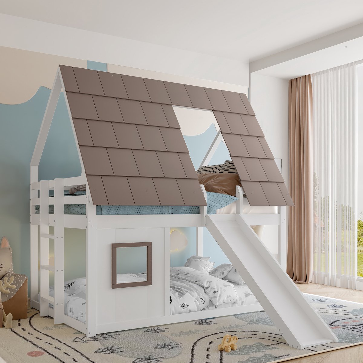 Houten stapelbed in huisvorm 140x200 cm - Met dak, glijbaan en ladder - Wit en bruin - Veiligheidshek - Geen boxspring nodig - Inclusief lattenbodem