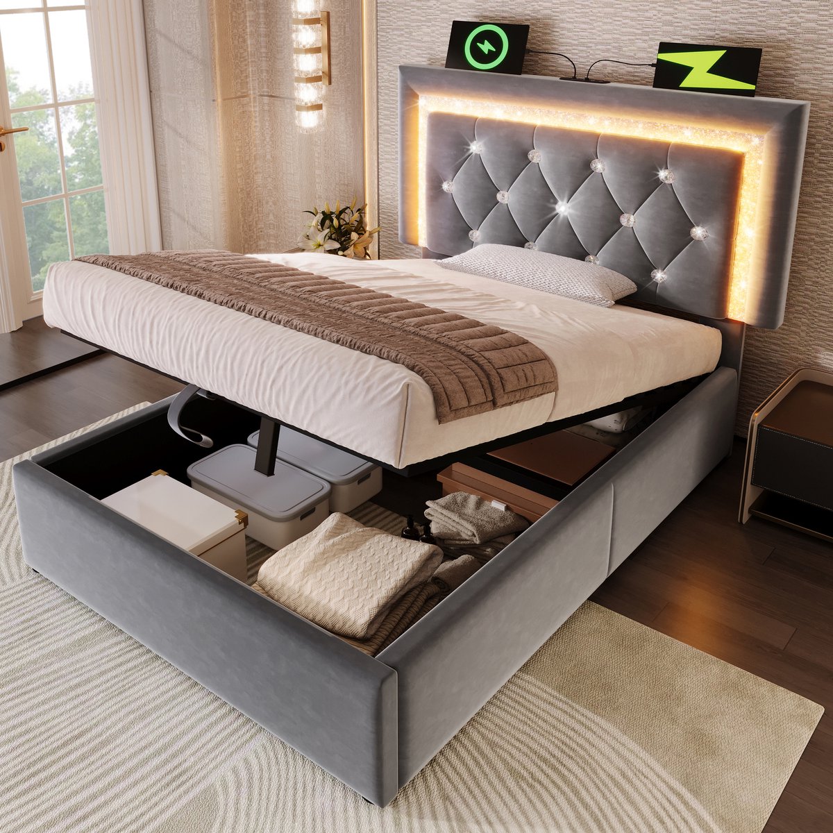 Gestoffeerd bed 90x200 cm - met LED-diamant hoofdeinde, USB/Type-C en hydraulische opbergruimte - eenpersoons - grijs fluweel - in hoogte verstelbaar hoofdeinde