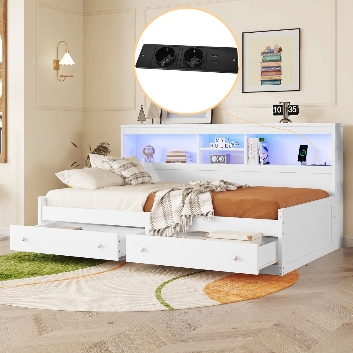 Dagbed 90x200 cm - Slaapbank met 2 USB-poorten en LED-sfeerverlichting - Wit - Inclusief 2 opberglades en nachtkastje - Geschikt als logeerbed en tienerbed