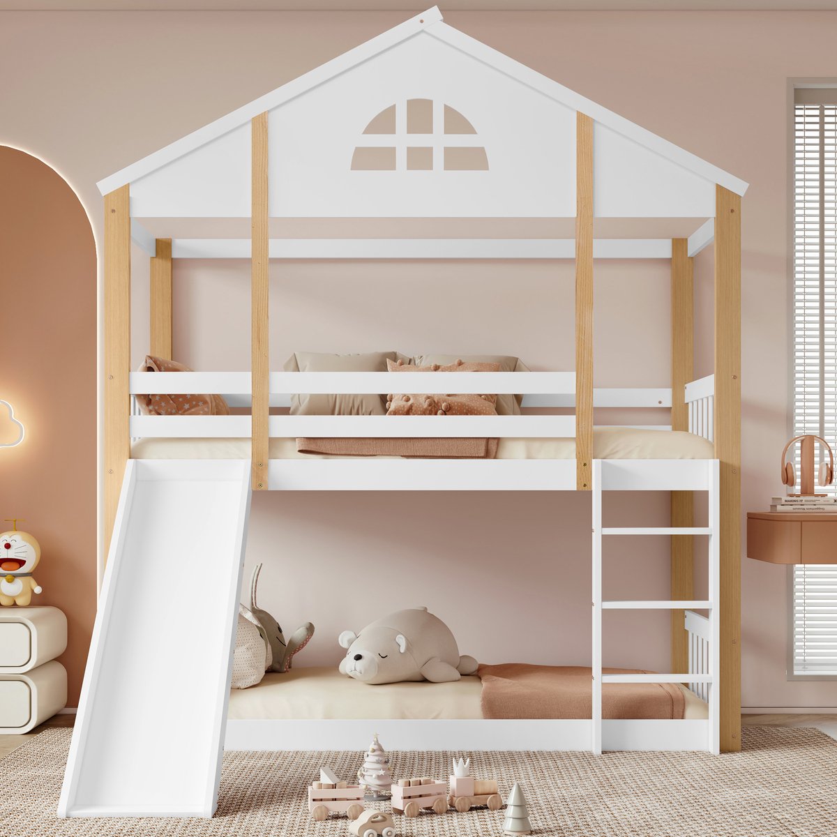 Kinderstapelbed in huisvorm met glijbaan en raampjes - 2x 90x200 cm - Wit+Natuur - Met 3-traps hoekladder en valbeveiliging - Massief houten frame, FSC-gecertificeerd, wisselbaar links/rechts