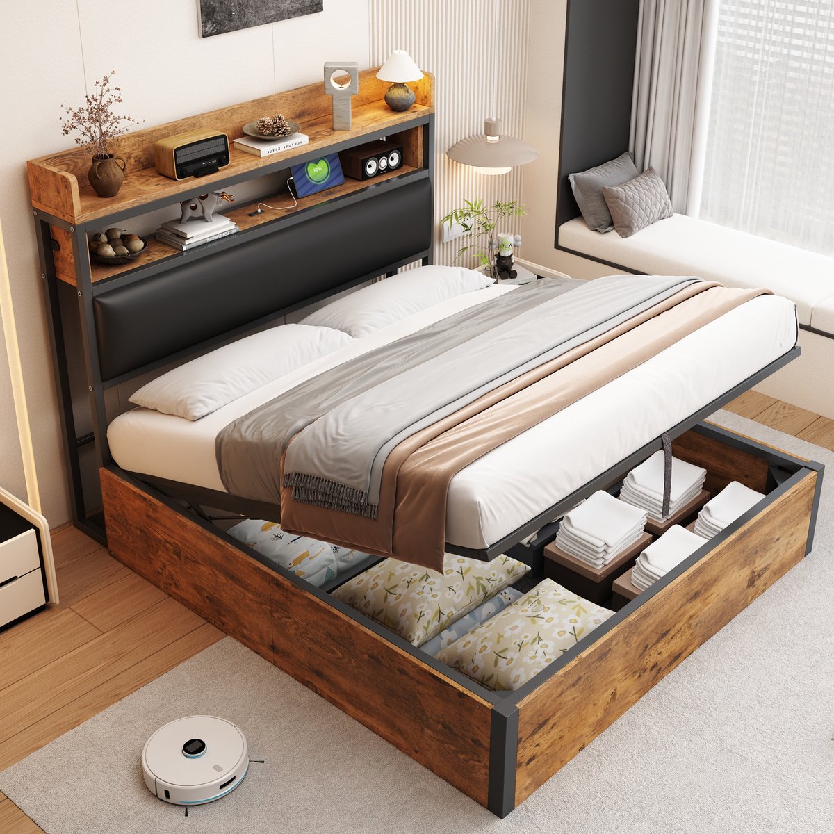Bedframe met hydraulische opbergruimte - vintage metaal-hout design - 140x200 cm - Zwart - Hydraulisch liftsysteem met verborgen opbergruimte - USB-poorten aan beide zijden - Gestoffeerd hoofdeinde met opbergvak