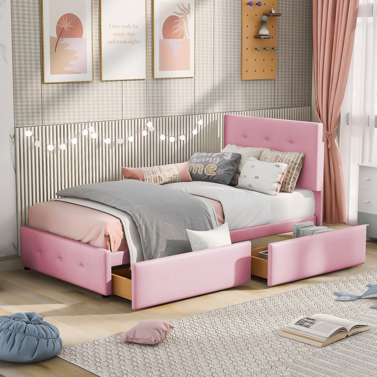 Gestoffeerd bed met 2 opberglades - compact voor kinder- en tienerkamer - 90x200 cm eenpersoons - roze fluweel - hautfreundelijk en stevig - inclusief lattenbodem