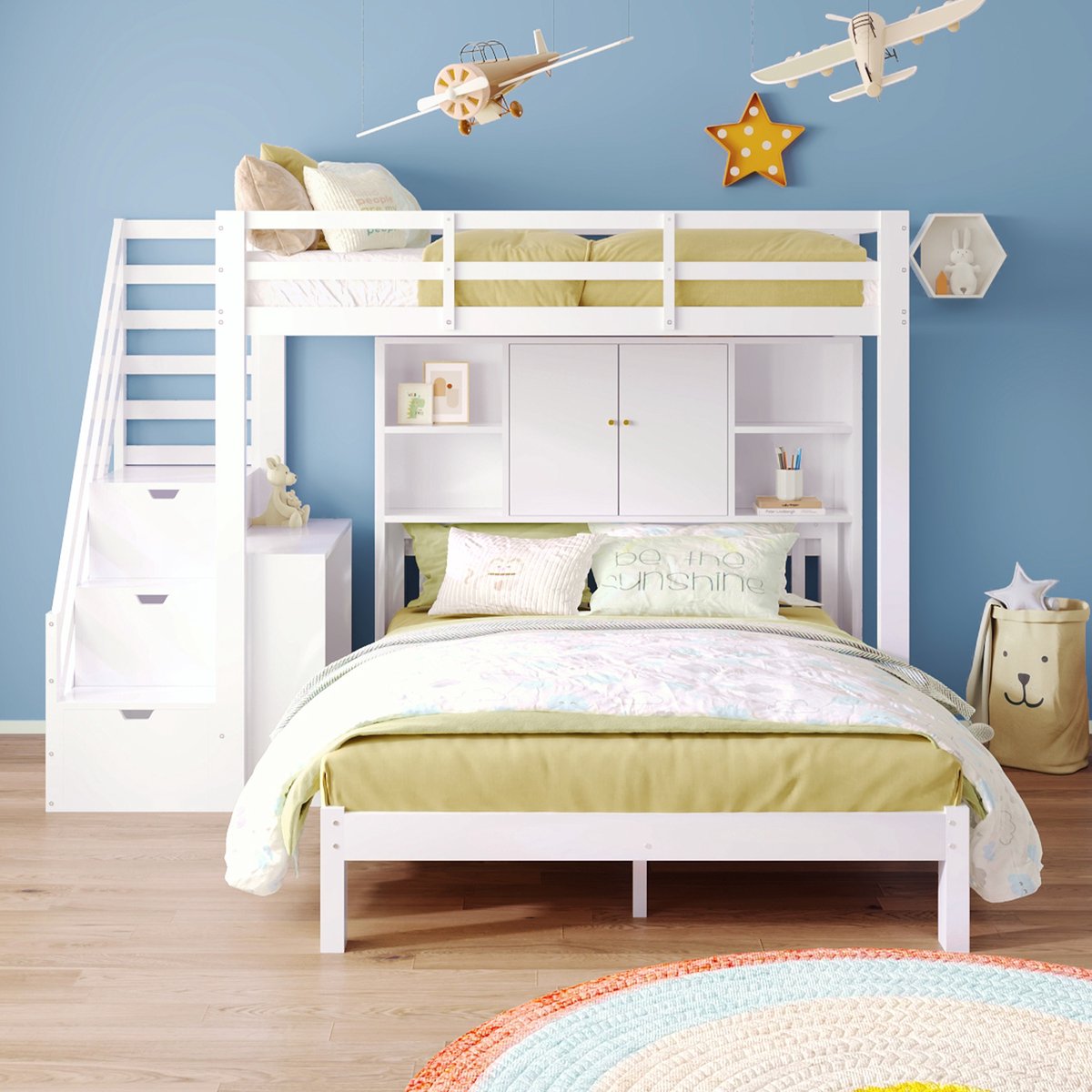 Stapelbed met opbergtrap, bijzettafel en kledingkast - 90x200 cm boven en 140x200 cm onder - wit - multifunctioneel met veel opbergruimte - stevig massief houten frame - inclusief lattenbodems