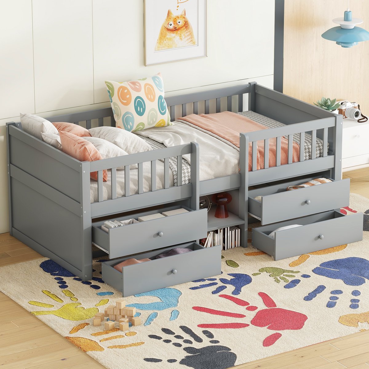 Halfhoog kinderbed met opberglades en veiligheidsrek - ruimtebesparend voor de kinderkamer - 90x200 cm eenpersoons - grijs - 4 uitschuifladen en ladder - massief grenenhout