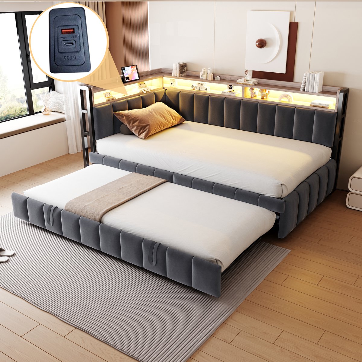 Gestoffeerd slaapsofa met uitschuifbed - 2-in-1 bank en logeerbed met LED en USB-C - 90x200/180x190 cm - Donkergrijs fluweel - Opbergvakken in hoofd- en voeteneinde