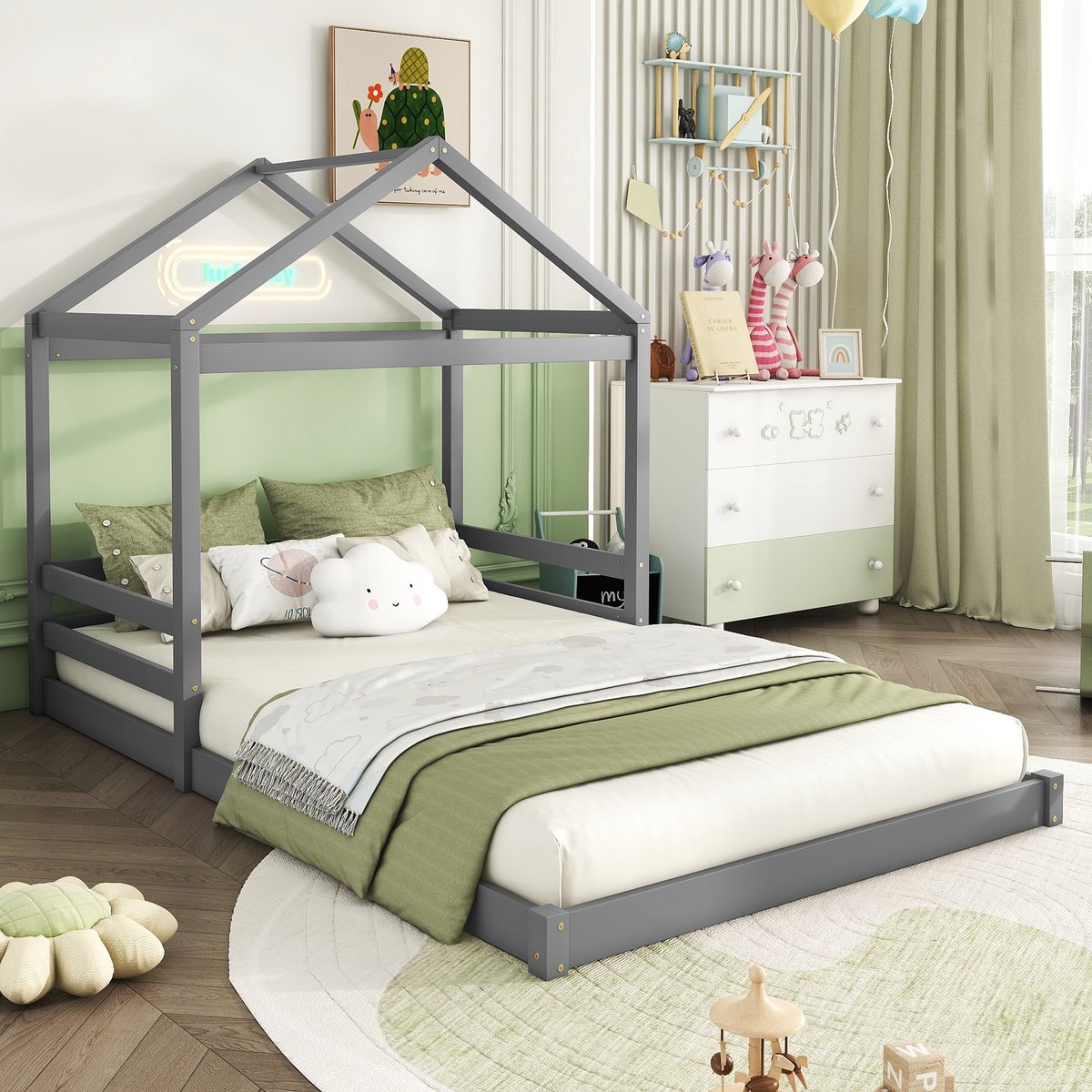 Kinderbed in huisvorm - Minimalistisch design - 140x200 cm - 1 persoon - Grijs - Massief grenenhout en MDF - Inclusief lattenbodem - Veilig vlak bed