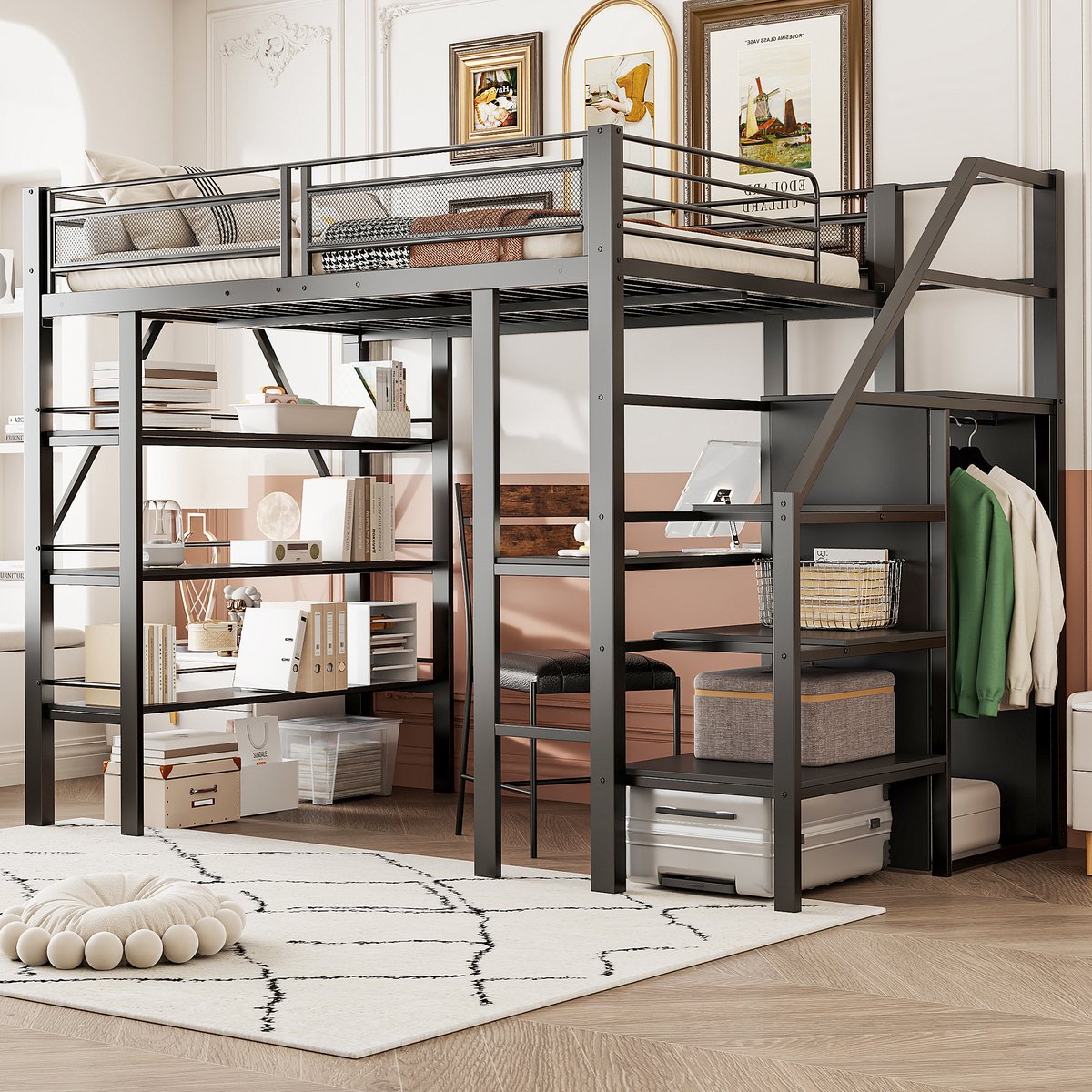 Metalen hoogslaper 140x200 cm - met bureau, kledingkast en drielaags opbergrek - eenpersoons - zwart - veilige trap met opbergvakken - stevig ijzeren frame met lattenbodem