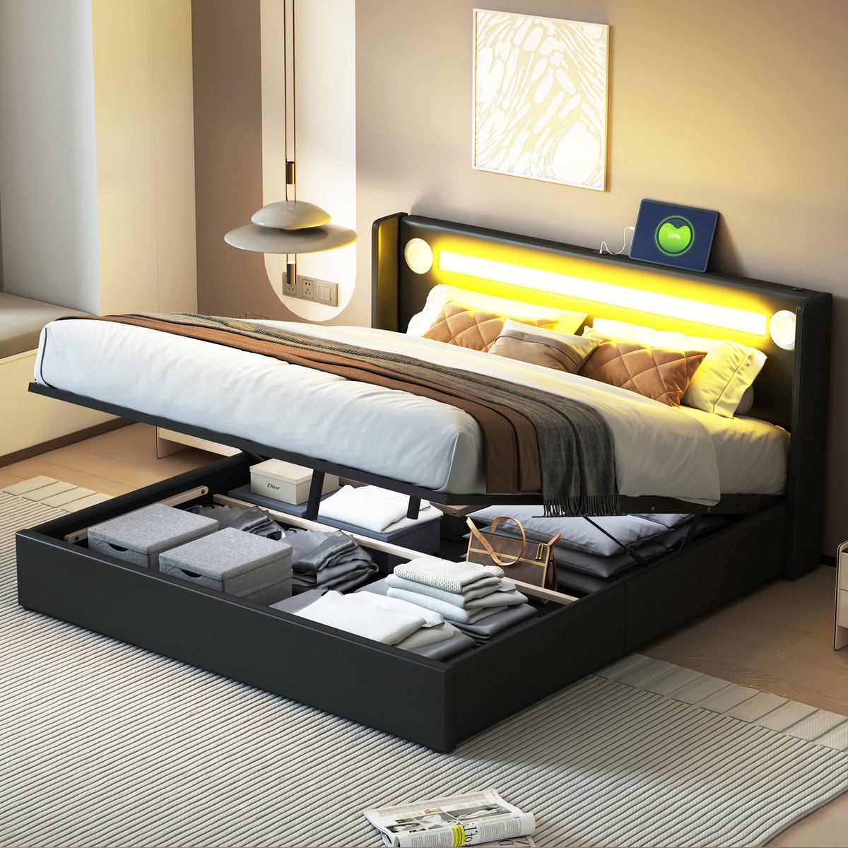 Gestoffeerd bed met opberging, LED-verlichting en Blauwtooth - 160x200 cm tweepersoons - zwart PU-leer - met USB-laadpoorten en lichtstrip - hydraulisch hefmechanisme voor extra opbergruimte - inclusief lattenbodem