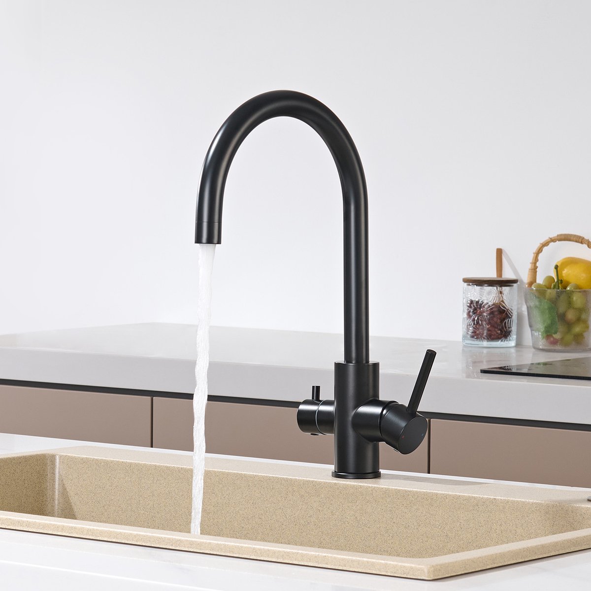 CECIPA max 3‑wege Keukenkraan - 3‑in‑1 drinkwaterkraan - 360° Roteerbaar - Roestvrij staal constructie - Hogedruk keukenkraan - Zwart