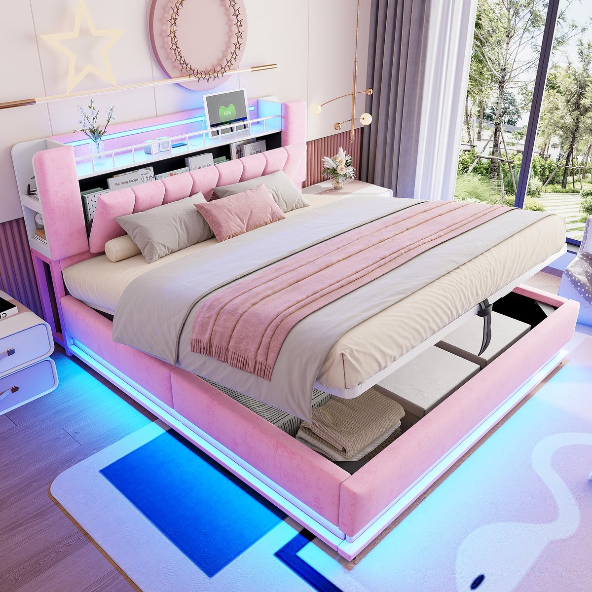 Gestoffeerd bed - met LED-verlichting, USB en hydraulische opbergruimte - tweepersoons 180x200 cm - roze - zacht fluweel - metalen frame met 24 latten - tot 300 kg