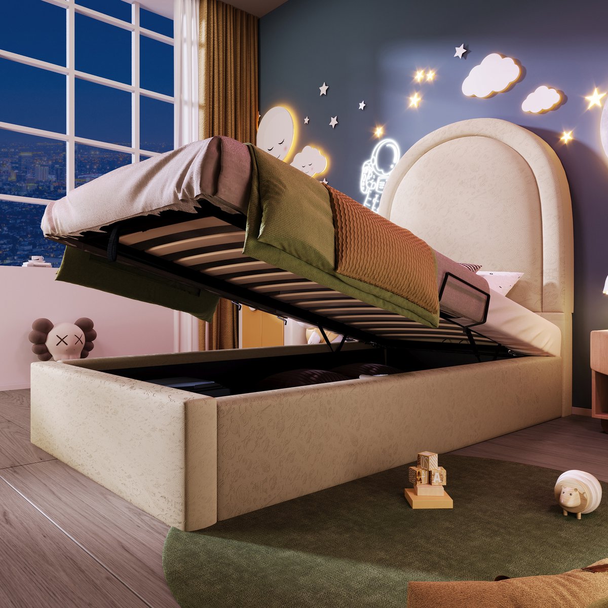 Gestoffeerd kinderbed met ruimteprint - hydraulische opbergruimte - 90x200 cm - Beige PU - Halfrond hoofdeinde met kosmisch thema - Geschikt voor jongens en meisjes