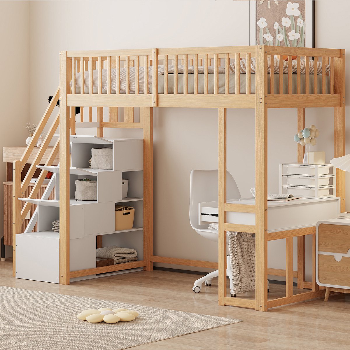 Hoogslaper 90x200 met bureau en opbergtrap - ruimtebesparend voor kinderkamer - wit - massief grenen frame met multifunctionele tafel - veilige opberglades in trap - 15-delige lattenbodem inbegrepen
