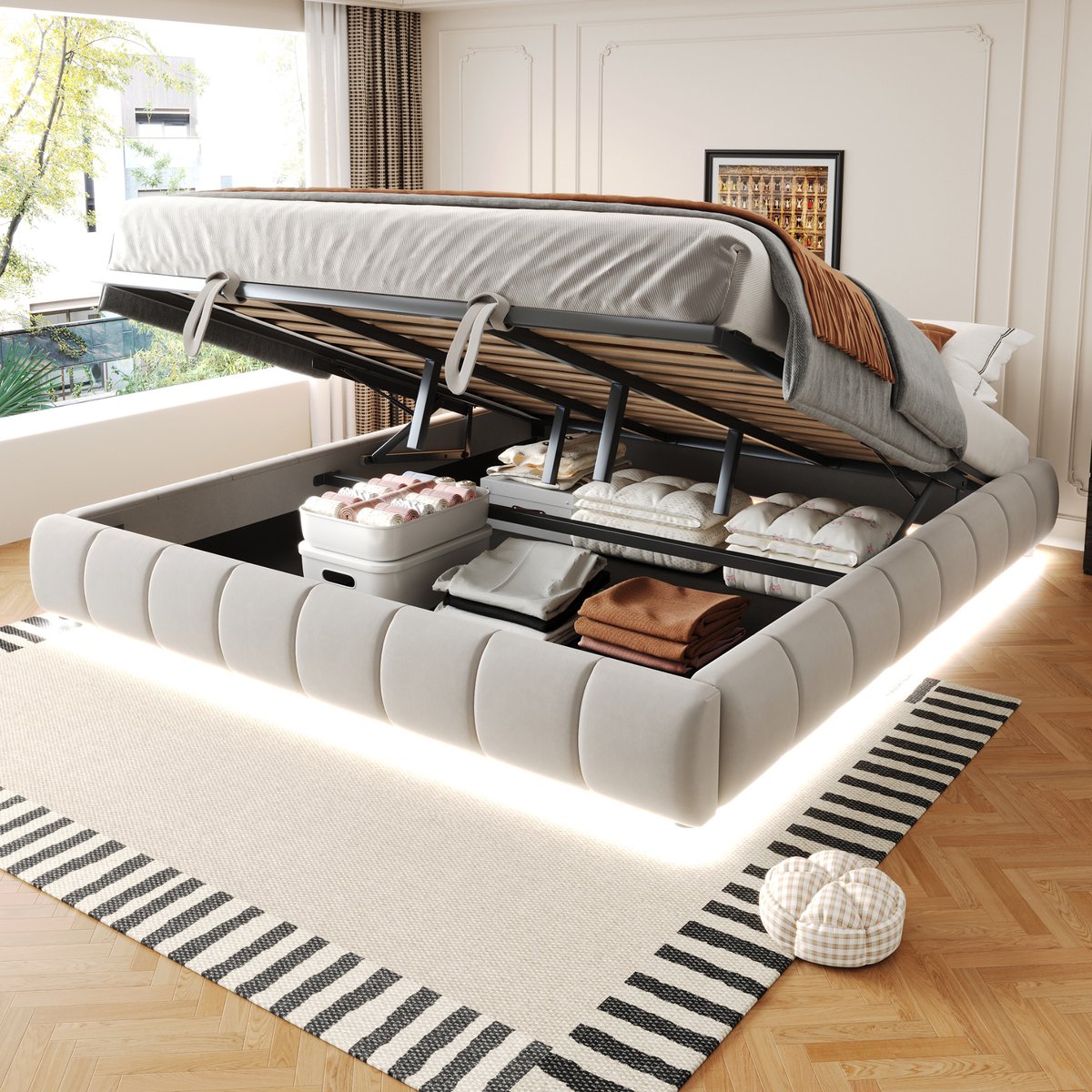 Gestoffeerd bed zonder hoofdeinde met hydraulische opberging en LED - flexibel voor elke kamer - 180x200 cm tweepersoons - beige - wit LED-licht onder het bed - draagvermogen 300 kg - inclusief 12-delige lattenbodem