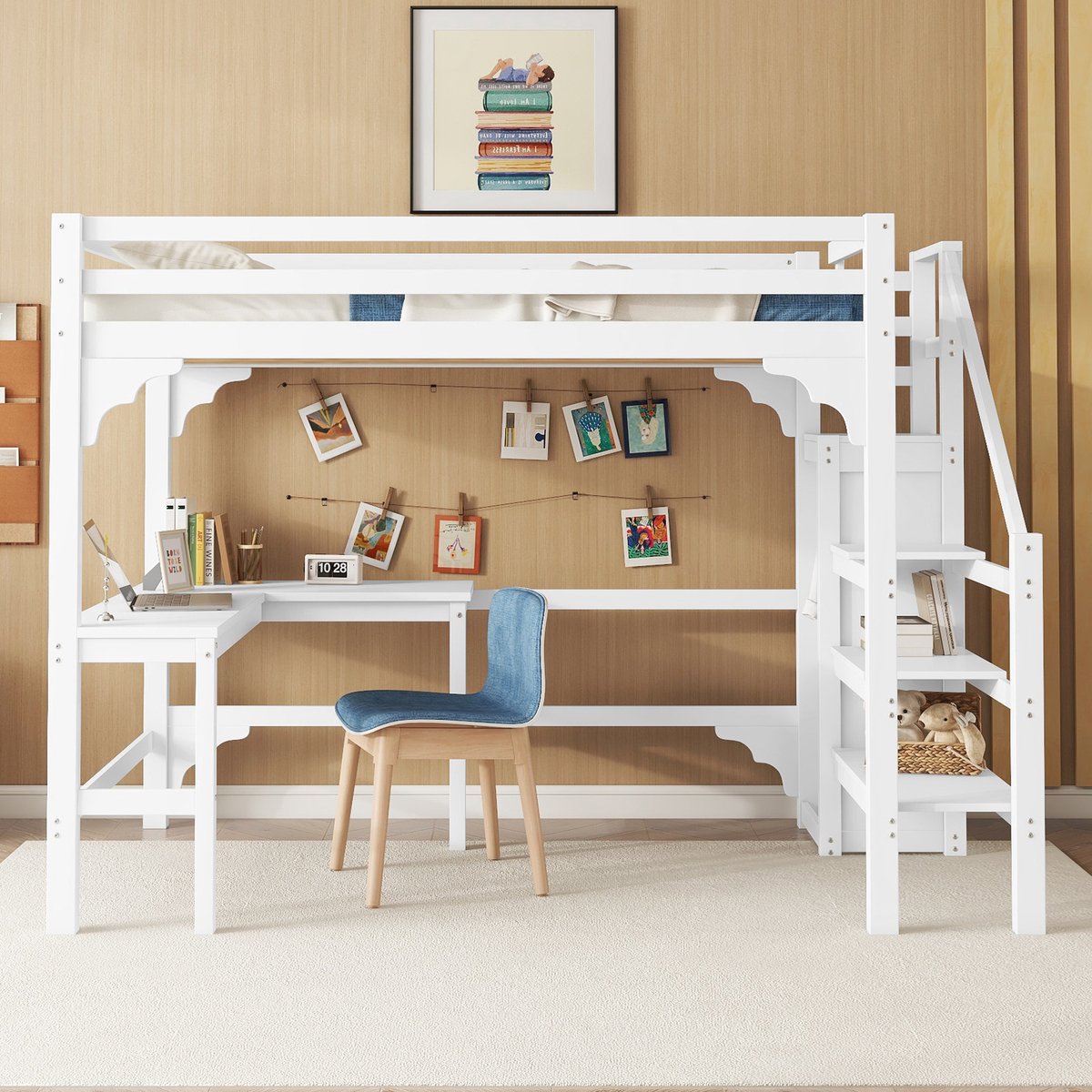Hoogslaper met L-vormig bureau en open kledingkast - ruimtebesparend voor tieners - 140x200 cm eenpersoons - wit - massief grenenhout en MDF - opbergtrap met lades - minimalistisch design