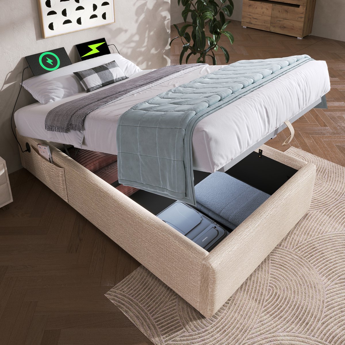 Gestoffeerd opbergbed 90x200 cm - met hydraulische opbergruimte en USB/Type-C - eenpersoons - naturel linnen - volledige houten lattenbodem zonder kieren - geen hoofdbord