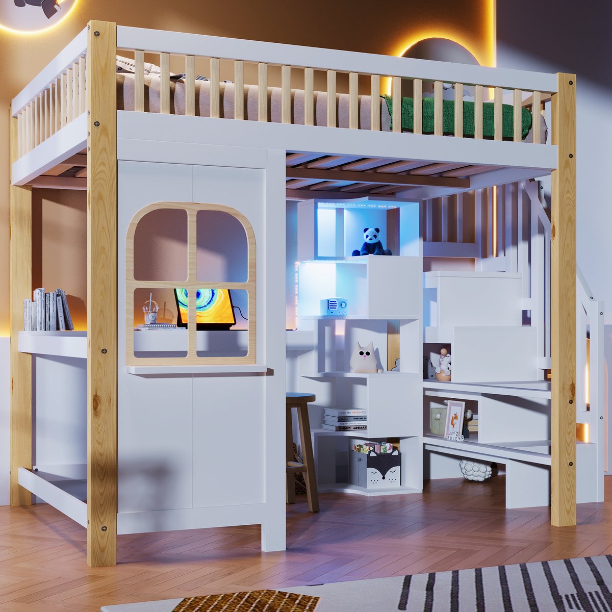 Hoogbed 140x200 cm - met LED-sfeerverlichting, bureau en opbergvakken - eenpersoons - wit+naturel - huisjesdesign met raam - opbergtrap en stopcontact - massief grenen en MDF