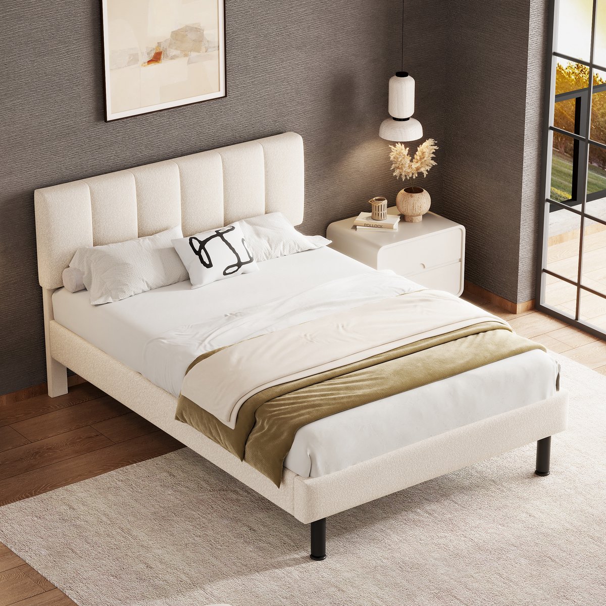 Gestoffeerd bed 140x190 cm - Sherpa stof - Beige - Stabiele ijzeren poten - Inclusief lattenbodem - Draagvermogen tot 300 kg - Eenvoudig design