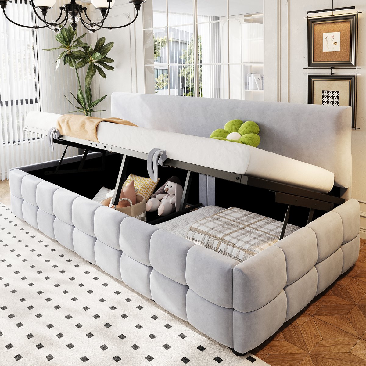 Gestoffeerde slaapbank - multifunctioneel voor slaapkamer en logeerkamer - eenpersoons 90x200 cm - lichtgrijs fluweel - hydraulische opbergruimte - rugleuning zonder armleuningen - klassiek ruitpatroon