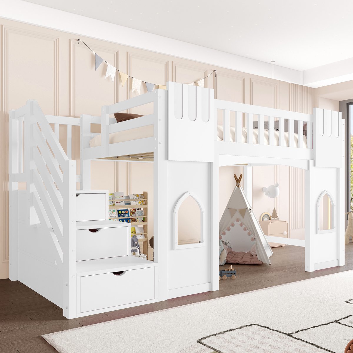 Hoogbed 90x200 cm - opbergtrap met 3 ruime lades en raamdesign - eenpersoons - wit - stevig grenen en MDF frame - veiligheidsrekken rondom - 15 houten latten, geen boxspring nodig