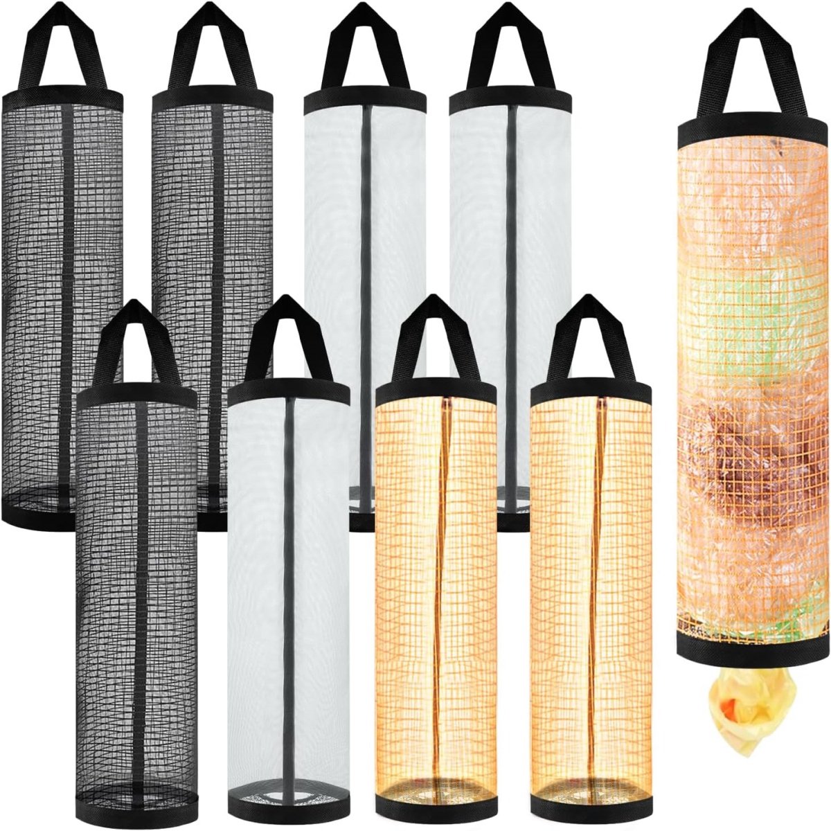 longziming - Opvouwbare Netstof Tasjesdispenser - Hangende Mesh Organizer voor Plastic Zakken - Veelzijdige Opbergtas - Elastische Onderopening - Wasbaar en Duurzaam Design - Ideaal voor Keuken en Bad - 9 Stuks