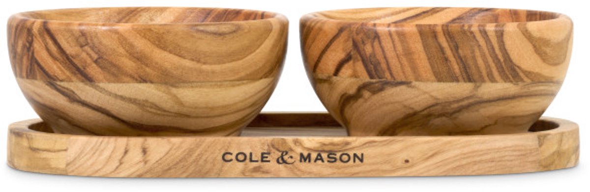 Cole & Mason Portobello Houten Serveerschaaltjes – 2 Stuks met Dienblad – Olijfhout – Voor Kruiden, Zout & Peper