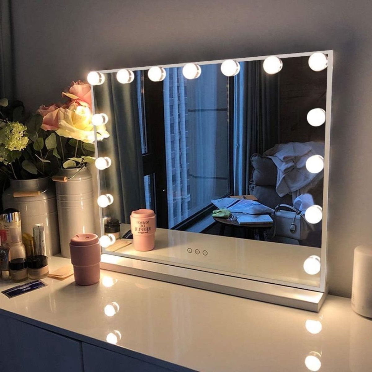 Lìon® Vanity Spiegel - Vanity Spiegel met Verlichting - Makeup Spiegel - Wit - 58cm x 46cm x 46cm