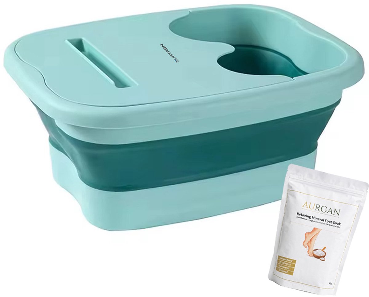 Slimtron voetenbad met deksel opvouwbaar - eenvoudig in gebruik - massageknobbels - blauw met voetenbadzout Aurgan Foot Soak 480 gram