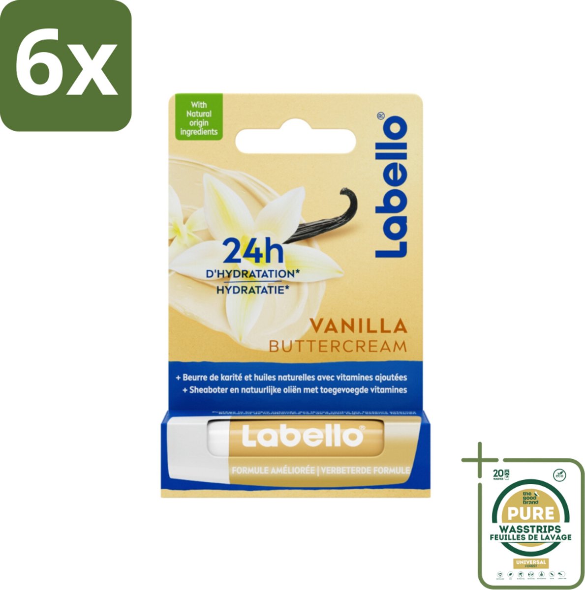 Labello Lippenbalsem Vanilla Buttercream 4.8 gr - Voordeelverpakking - 6 stuks - Hydratatie - Sheaboter
