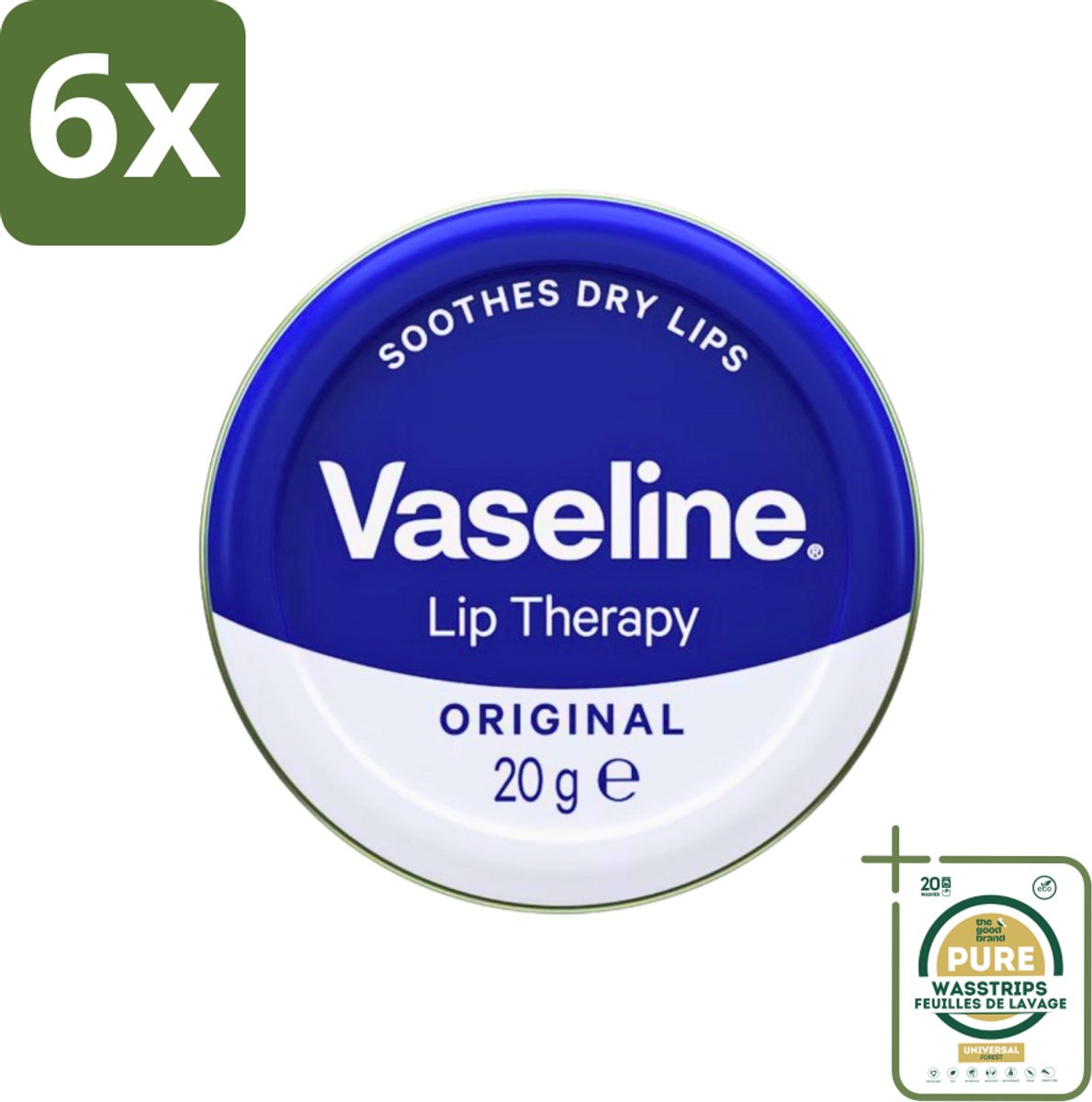 Vaseline - Original - Lip Therapy - Beschermend - 20 g - Voordeelverpakking - 6 stuks - Vocht vasthouden - Droge lippen verzachten