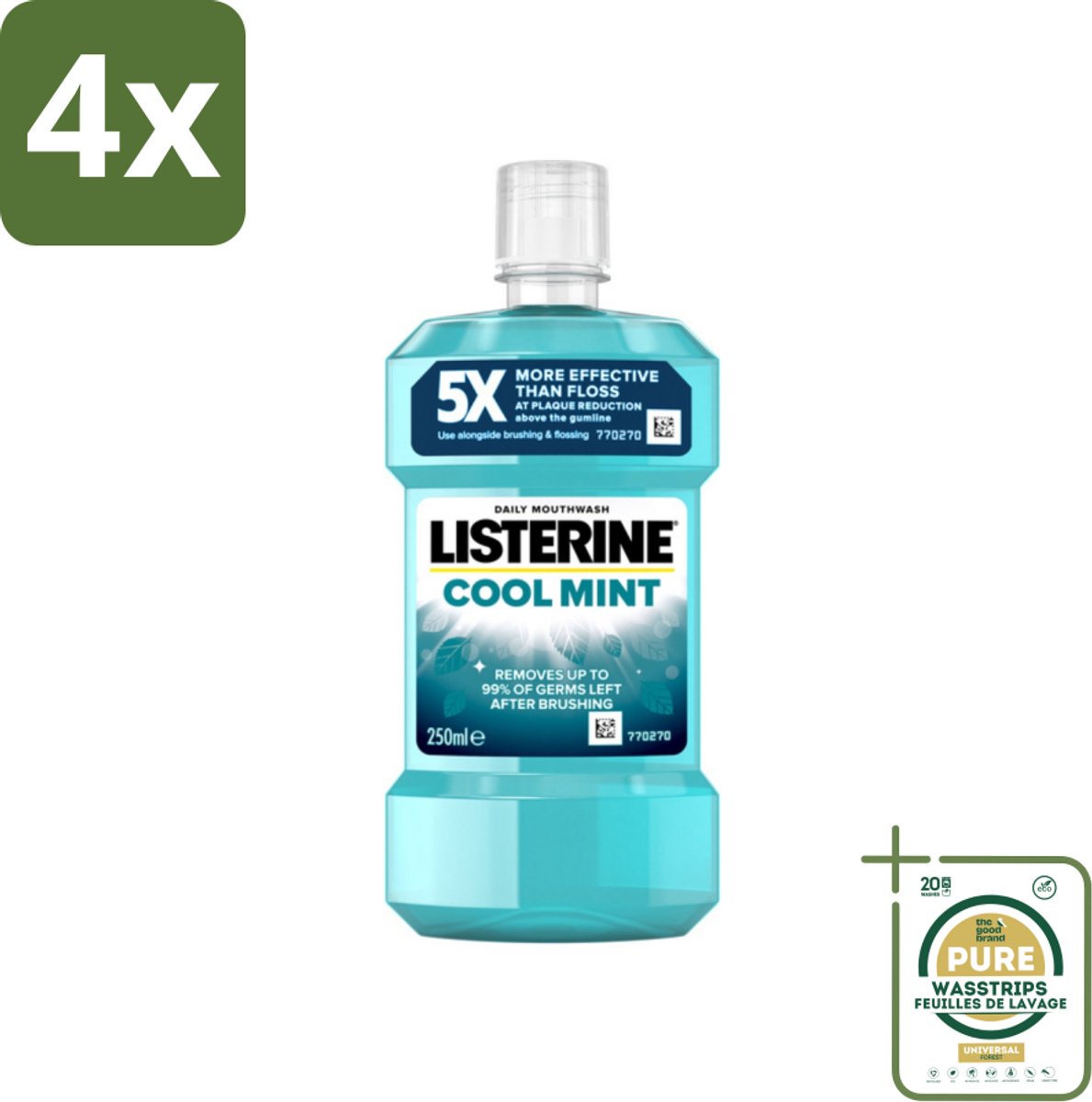 Listerine - Mondwater - Cool Mint - 250 ml - Voordeelverpakking - 4 stuks - Frisse adem - Tandplak