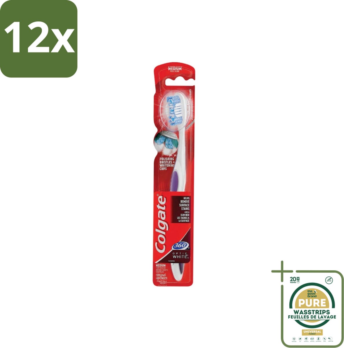 Colgate - Tandenborstel - 360 Optic White Medium- Wit - 1 Tandenborstel - Voordeelverpakking - 12 stuks - Mondverzorging - Tanden reinigen