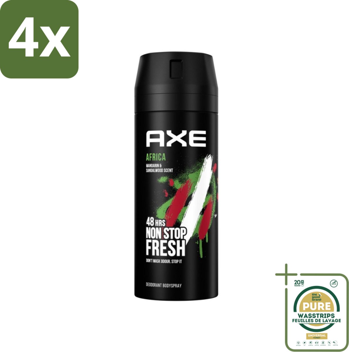 Axe - Deodorant Bodyspray - 48hrs Non Stop Fresh - Africa - Mandarin & Sandalwood - 150 ml - Voordeelverpakking - 4 stuks - Mandarijn en sandelhout - 48 uur bescherming