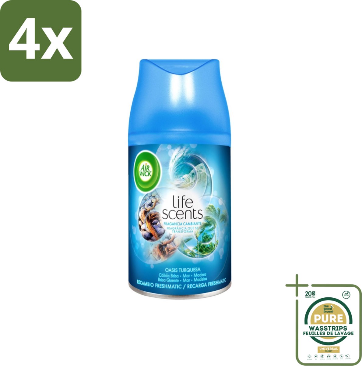 Air Wick - Luchtverfrisser Navulling - Turquoise Oase - Automatische Spray - 250 ml - Voordeelverpakking - 4 stuks - Drijfhout - Zeenevel