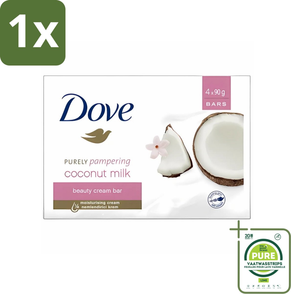 1 x Dove - Zeep - Purely Pampering - Kokos - Zacht en verzorgend - 4 x 100 g - Dove Zeep - Kokos En Jasmijn - Zeep Wastablet - Zeep Voor Huid - Zeep Voor Handen