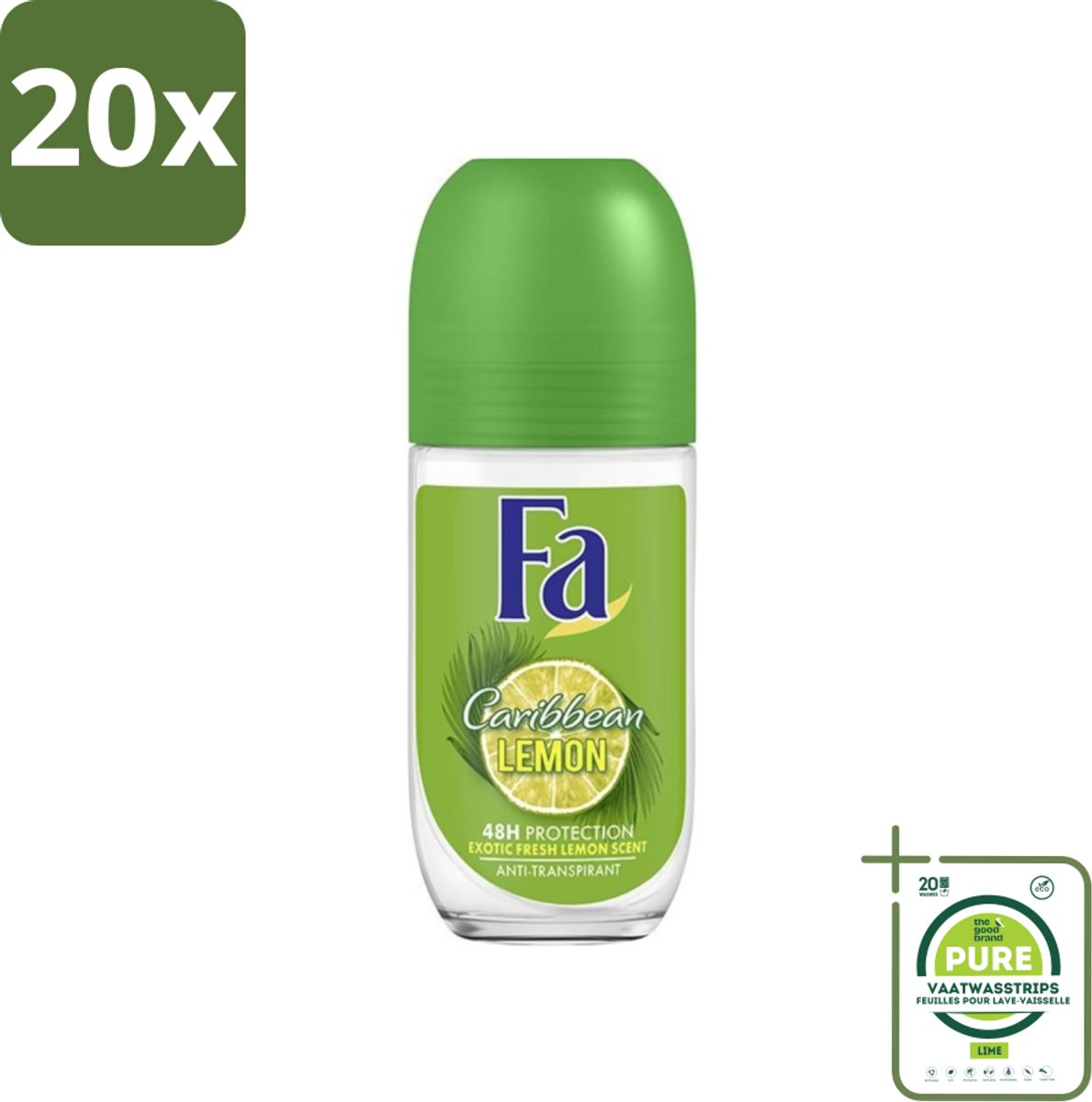 20 x Fa - Deodorant Roller - Caribbean Lemon - Verfrissend - 48 uur Bescherming - Citrusachtig - 50 ml - Grootverpakking - 48 Uur Bescherming - Caribische Citroen - Deodorant Roll-on - Citrusgeur - Fris