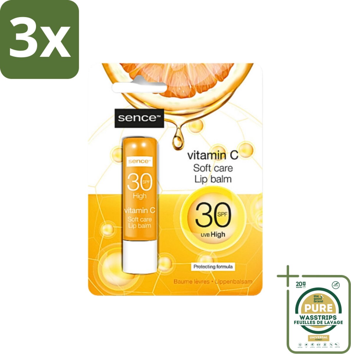 3 x Sence - Soft Care Vitamin C - Lippenbalsem - Hydraterend - 4,3 g - Grootverpakking - Vitamine C Lippenbalsem - Hydraterende Lippenbalsem - Verzorgde Lippen - Droge Lippen Herstel - Lippenbescherming