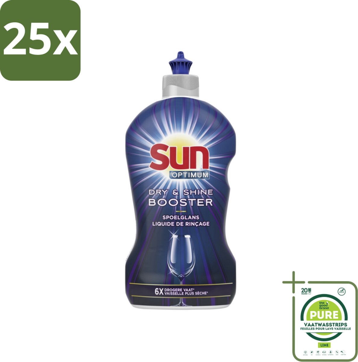 25 x Sun - Shine & Dry Booster - Spoelglans - 450 ml - Grootverpakking - Vaatwasmachine - Spoelglans - Droogtijd - Glanzend Vaat - Streeploos Vaat