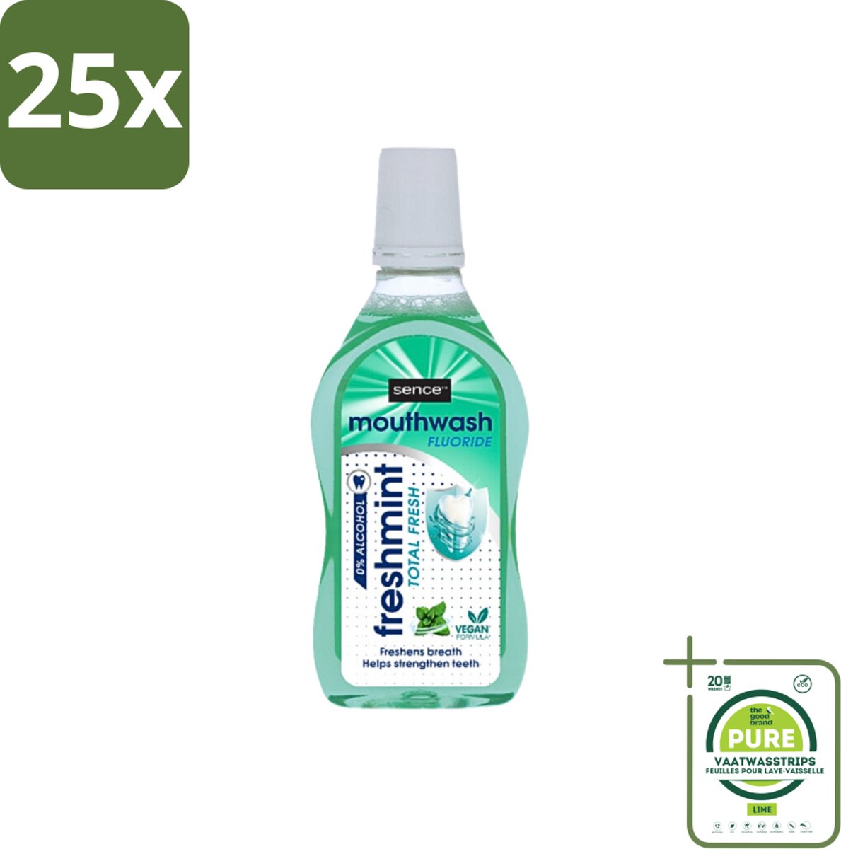 25 x Sence - Fresh Freshmint - Mondwater - Fris & Muntig - 500 ml - Grootverpakking - Mondwater - Mondverzorging - Frisse Adem - Tandplak - Mondgezondheid